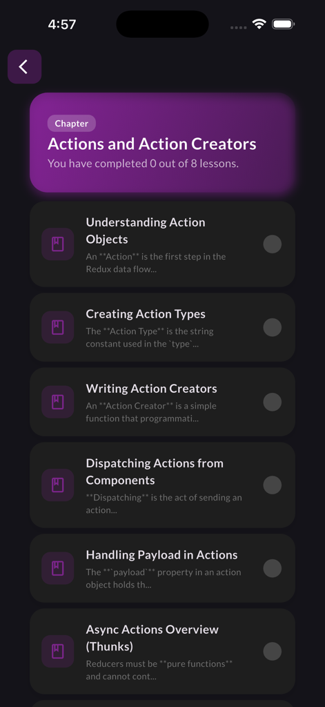 Learn Redux - Mobile interface showing the lesson list for the Actions and Action Creators chapter in the Learn Redux app