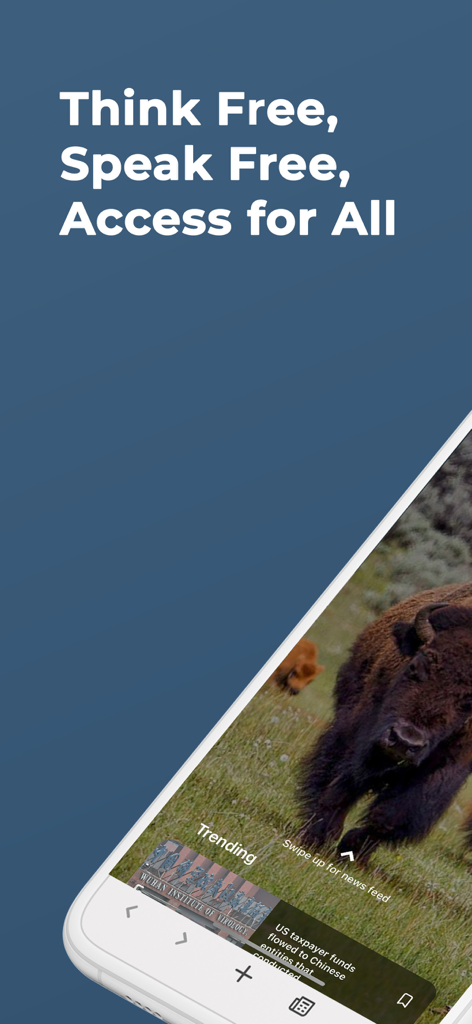 TUSK Search - A smartphone displaying the Tusk Search app with the slogan Think Free Speak Free Access for All and a trending news feed