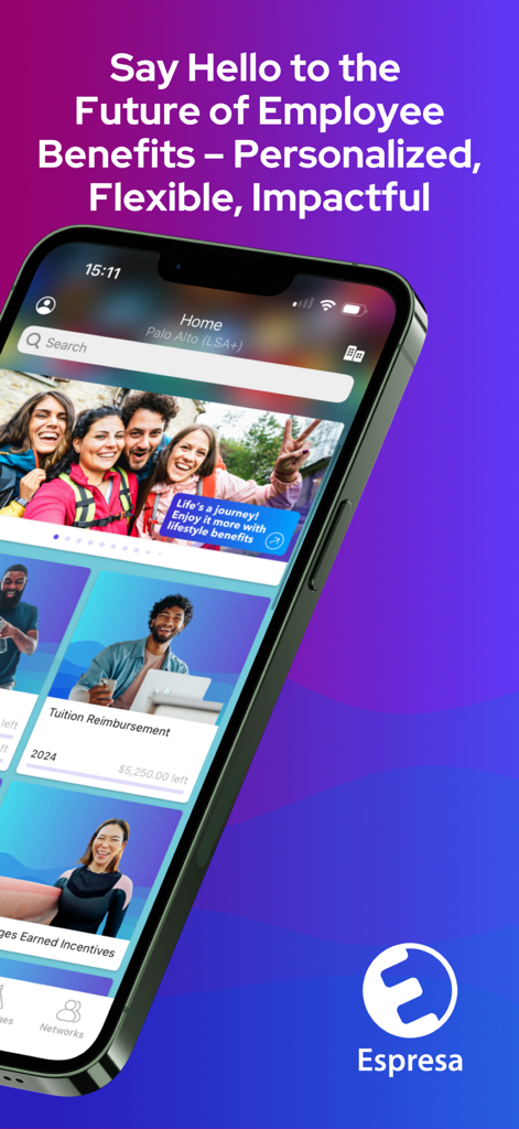 Espresa mobile app showing personalized employee benefits and tuition reimbursement on a smartphone