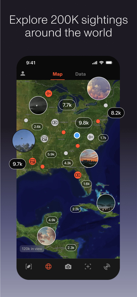 Enigma: What’s that in the Sky - 米国のインタラクティブマップを表示するEnigmaアプリのインターフェイス。数千件の記録されたUFOおよびUAPの目撃情報が含まれています