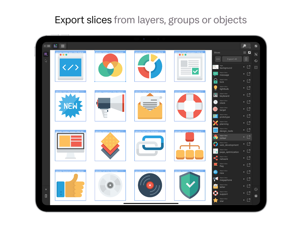 Affinity Designer 2 for iPad - Interface of Affinity Designer 2 for iPad showing the export slices feature for multiple UI icons.