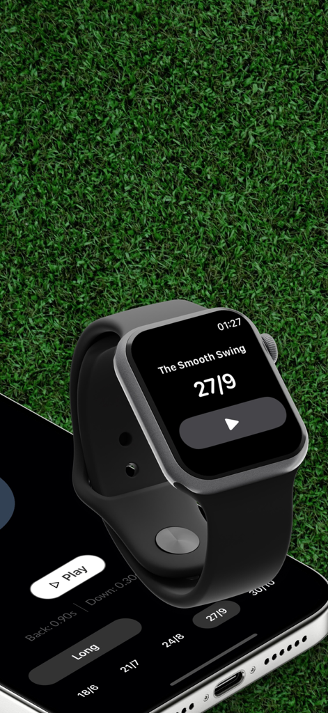 The Smooth Swing - The Smooth Swing golf tempo app displayed on an Apple Watch and iPhone over green grass