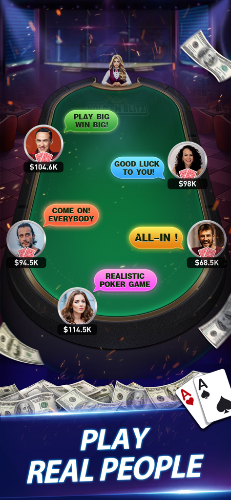 Texas Cash - Win Real Money - Gameplay screen of Texas Cash app featuring a realistic poker table with real players and cash prize amounts.
