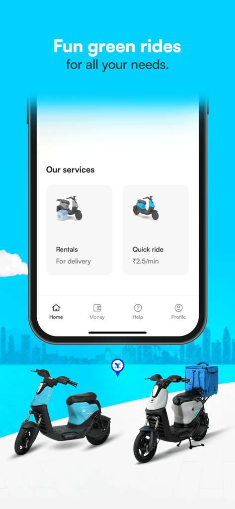 Yulu mobile app showing quick ride and delivery rental options for electric scooters