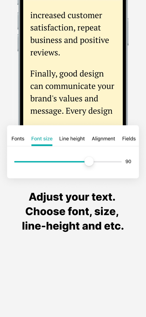 Interface móvel mostrando ferramentas de personalização de texto como tamanho da fonte e altura da linha para posts de carrossel de mídia social