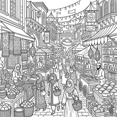 Unleash your creativity with this incredibly detailed coloring page, capturing the lively spirit of a traditional marketplace. Featuring a rich tapestry of shoppers, vendors, and exotic goods, it promises hours of immersive coloring fun.