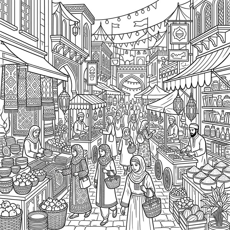 Unleash your creativity with this incredibly detailed coloring page, capturing the lively spirit of a traditional marketplace. Featuring a rich tapestry of shoppers, vendors, and exotic goods, it promises hours of immersive coloring fun.