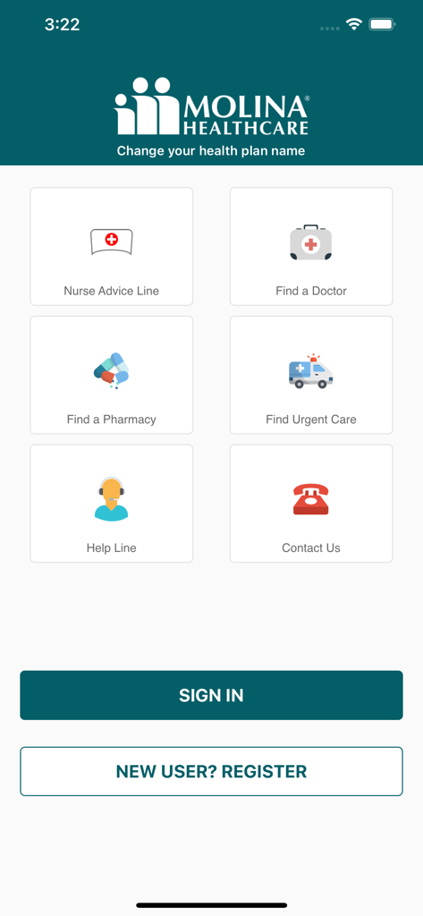 My Molina - 医師の検索や看護師相談ラインなどのサービスオプションを表示する、My Molinaヘルスケアアプリのホーム画面