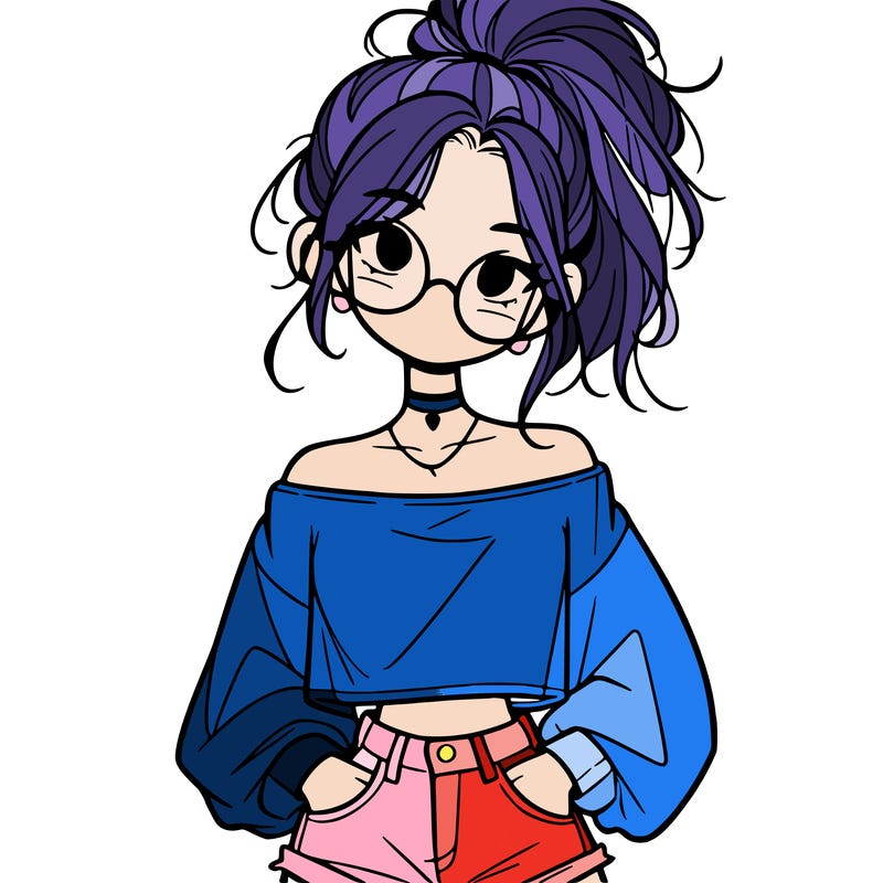 girl with a messy ponytail glasses a baggy crop top and jean shorts