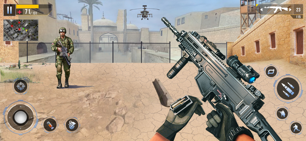 FPS Commando Gun Game Offline - A first person shooter game screen showing a commando holding a rifle in a desert setting