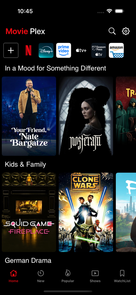 Movie Plex app home screen featuring movie recommendations and streaming service icons like Netflix and Disney Plus