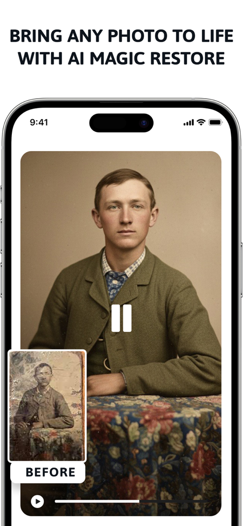 Wavesome.AI Video Generator - AI photo restoration feature showing a before and after comparison of an old portrait
