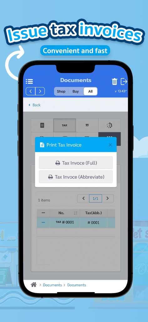 iPhoneでフルまたは短縮版の税務請求書を印刷するオプションを表示するモバイルアプリインターフェース