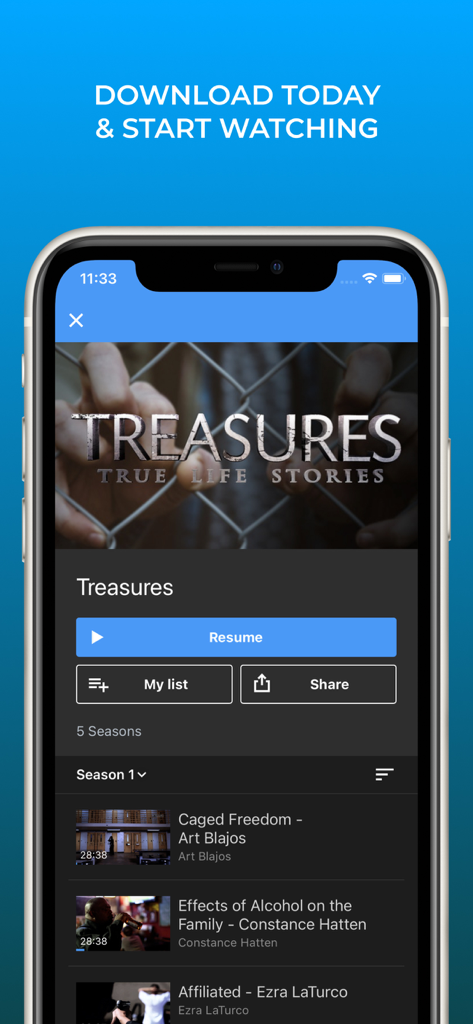 VOI Plus - Interface do aplicativo VOI Plus exibindo a série Tesouros e sua lista de episódios.