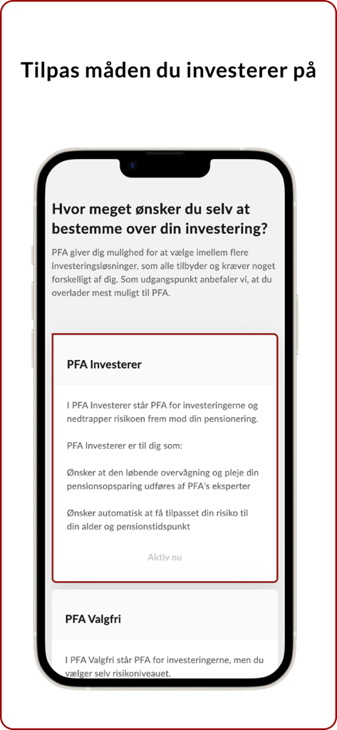 Mit PFA - Mit PFA app screenshot showing different investment management options in Danish