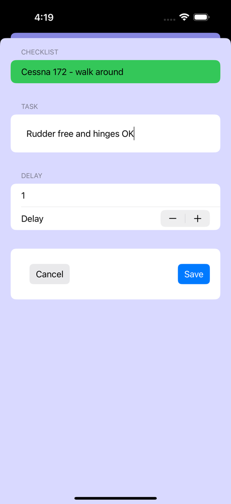 Pilot Checklist - Interface of the Pilot Checklist app for adding or editing a flight task for a Cessna 172 walk around