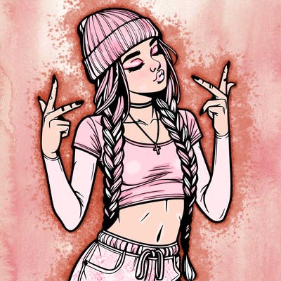 realistic teenage girl with braids and a beanie and crop top doing 🫶🏼