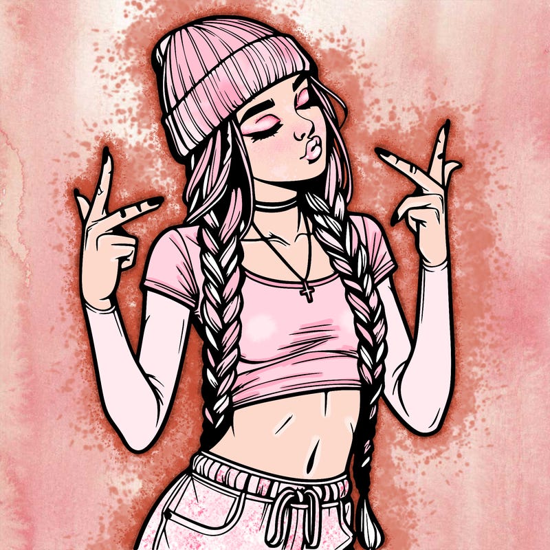 realistic teenage girl with braids and a beanie and crop top doing 🫶🏼