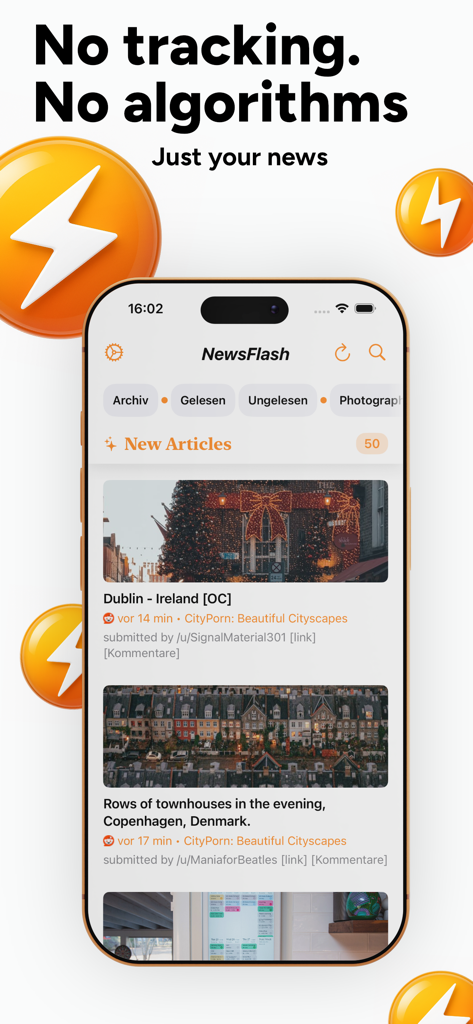 Feed principal do aplicativo NewsFlash RSS mostrando artigos com um design limpo e minimalista