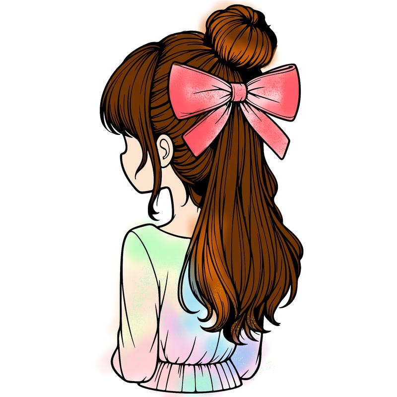 realistic girl  with hip length hair a bun and a big bow on the back of head