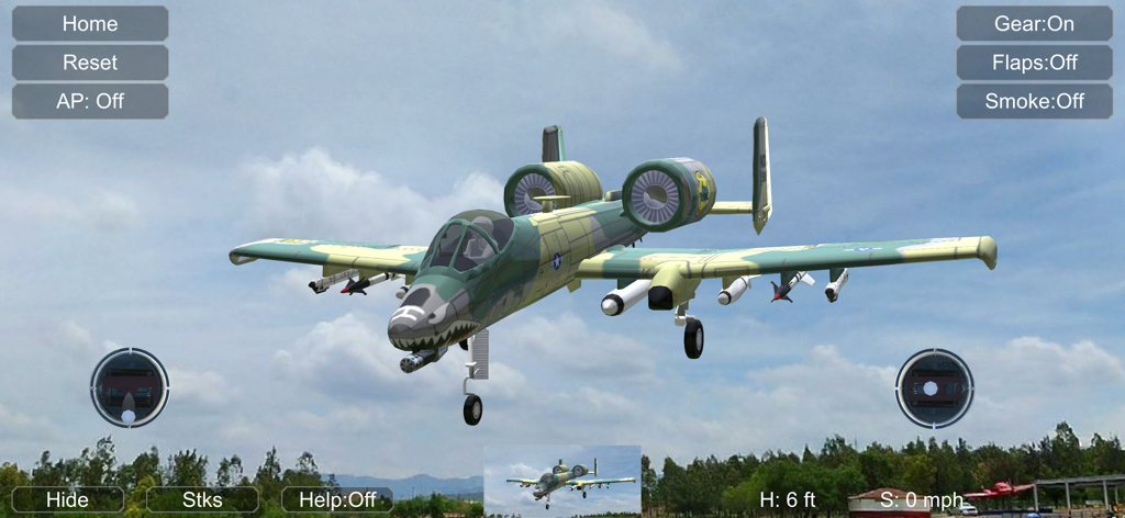 Absolute RC Simulator Flugansicht eines A-10 Warthog Modellflugzeugs mit technischen Cockpit-Bedienelementen.