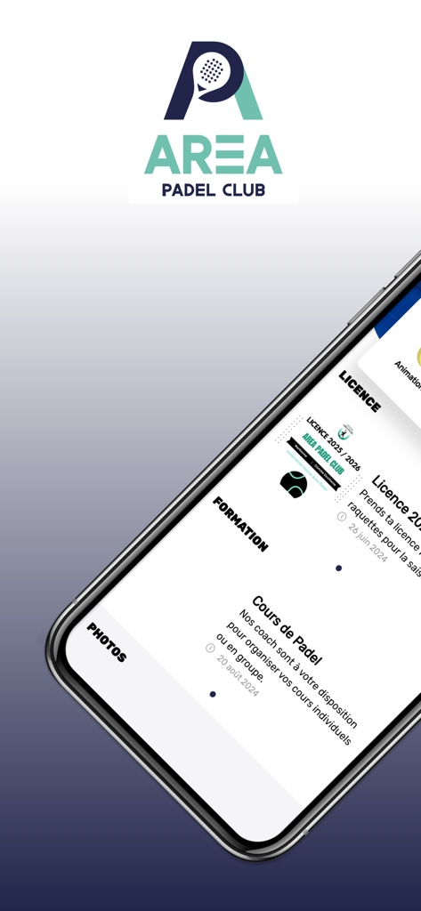 Pantalla de la aplicación Area Padel Club que muestra secciones de clases de pádel e información sobre membresías