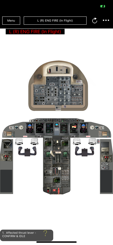 Global Express Trainer cockpit interface showing an engine fire emergency procedure and checklist