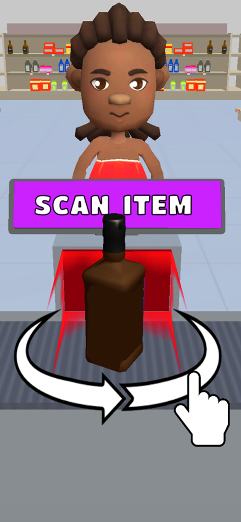 A 3D character at a supermarket checkout counter with a scan item prompt