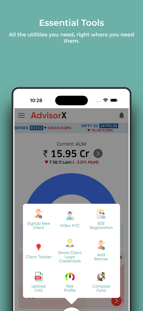 Advisor X By REDVision - Advisor X mobile app showing financial advisor tools and AUM dashboard