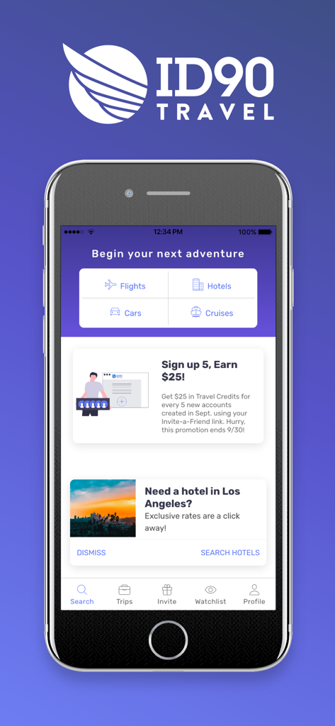 ID90 Travel app home screen on an iPhone showing booking options for flights hotels cars and cruises for travel industry employees