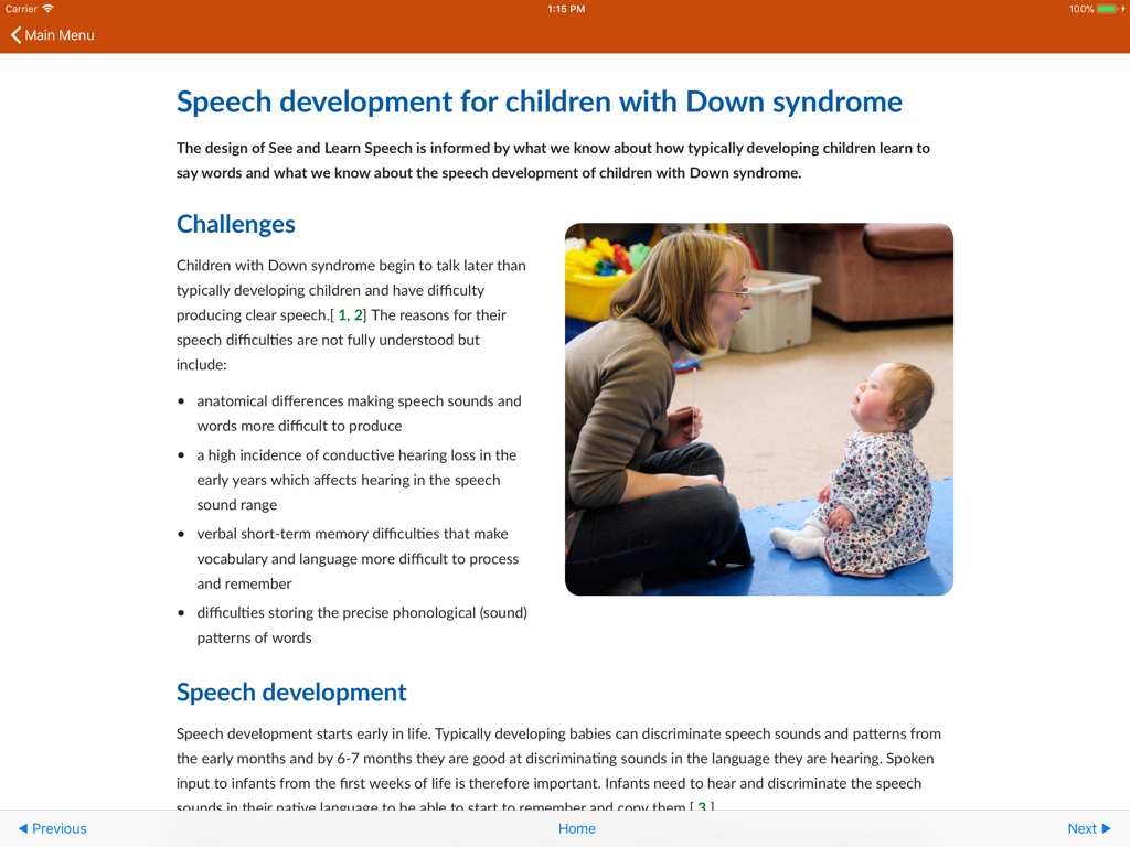 See and Learn Speech Sounds - An informational screen within the app titled Speech development for children with Down syndrome showing a therapist interacting with a young child