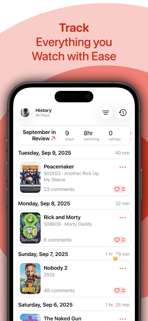 Rippple for Trakt app watch history interface displaying a chronological list of recent movies and TV shows