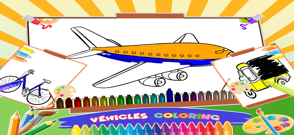 Coloring Book Fun Doodle Games - preschool coloring app screen featuring vehicle drawing pages with an airplane and bicycle
