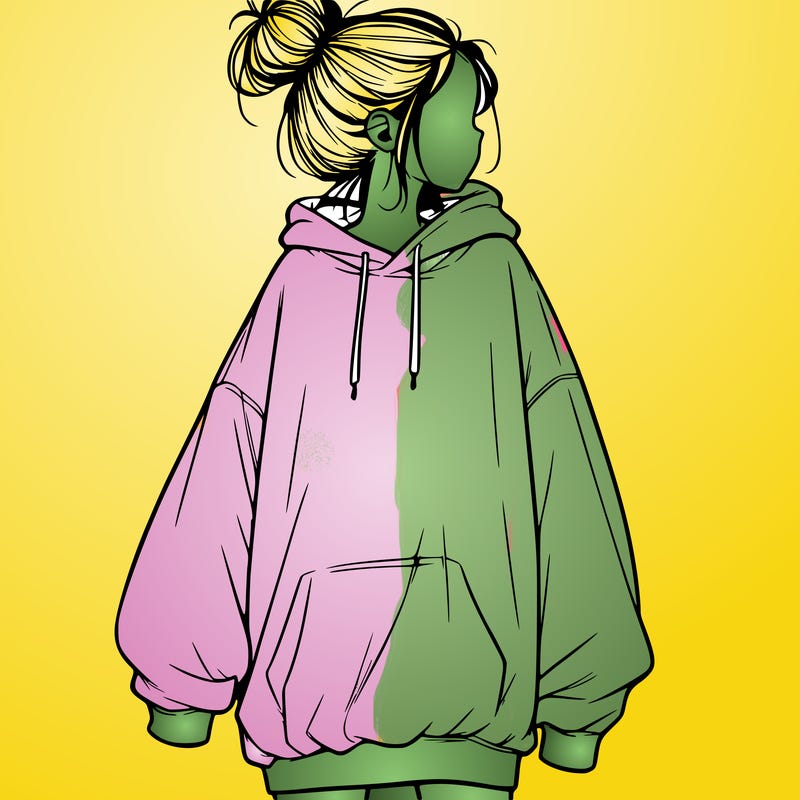 realistic girl with a oversized sweatshirt on and a bun