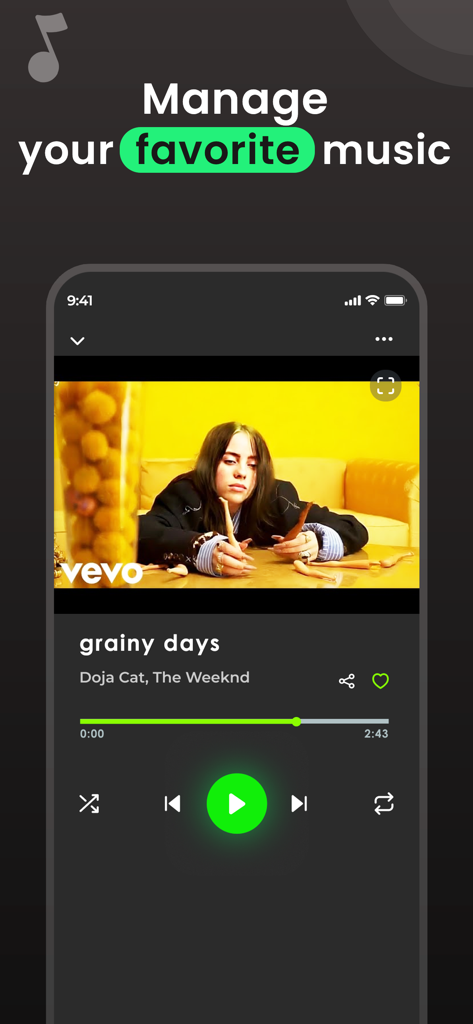A mobile music player interface showing a song playing with a manage your favorite music heading