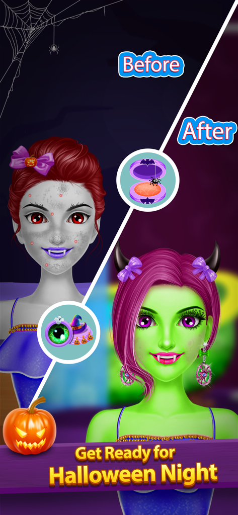 Halloween Makeover Salon Games - Before and after view of a Halloween character makeover showing the transformation from a vampire to a green witch