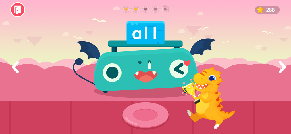 Ein Cartoon-Dinosaurier, der eine goldene Trophäe neben einer Wortbaumaschine hält, die das Wort 'all' anzeigt.