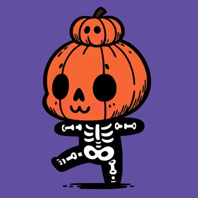 cute skeleton with a pumpkin on its head while dancing