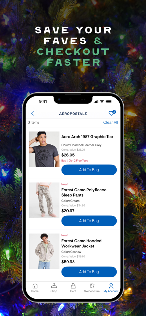 Aeropostale app wishlist screen displaying saved teen clothing items and a call to action for faster checkout.