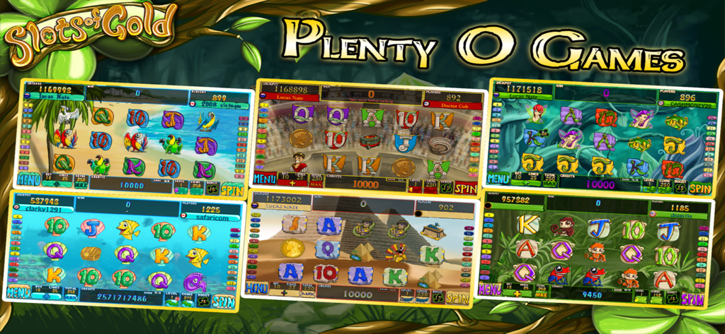 Slots of Gold Classic - A collage showing six different themed slot machine games in Slots of Gold Classic including Egyptian and jungle themes