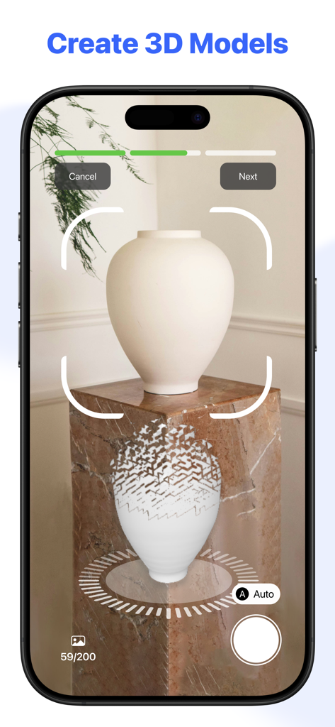 3D LiDAR Scanner - Interface do iPhone do aplicativo Scanner LiDAR 3D criando um modelo digital de um vaso branco em tempo real