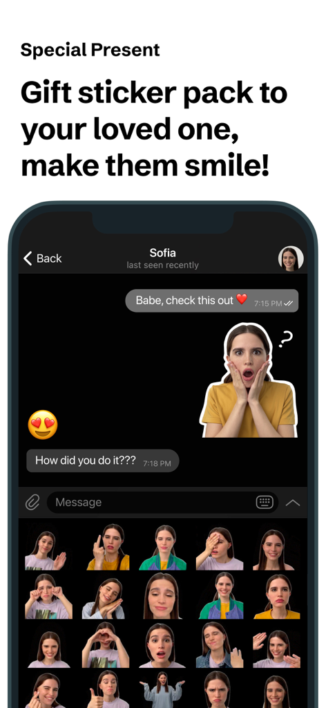 STQR - Sticker Maker Studio - A chat interface showing a custom sticker pack with various personal expressions being shared with a contact.