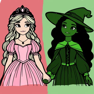a princess and a witch holding hands realistic