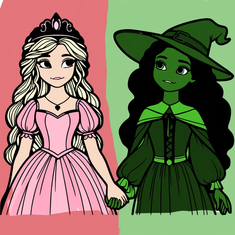 a princess and a witch holding hands realistic