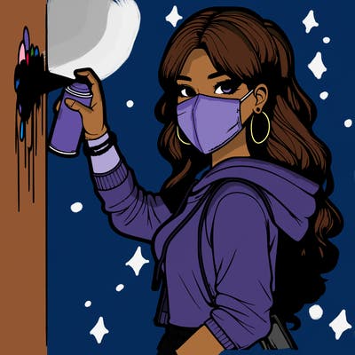 realistic girl with mask spray painting a wall