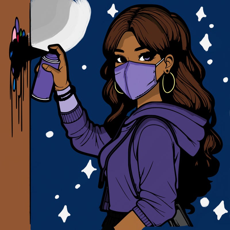 realistic girl with mask spray painting a wall