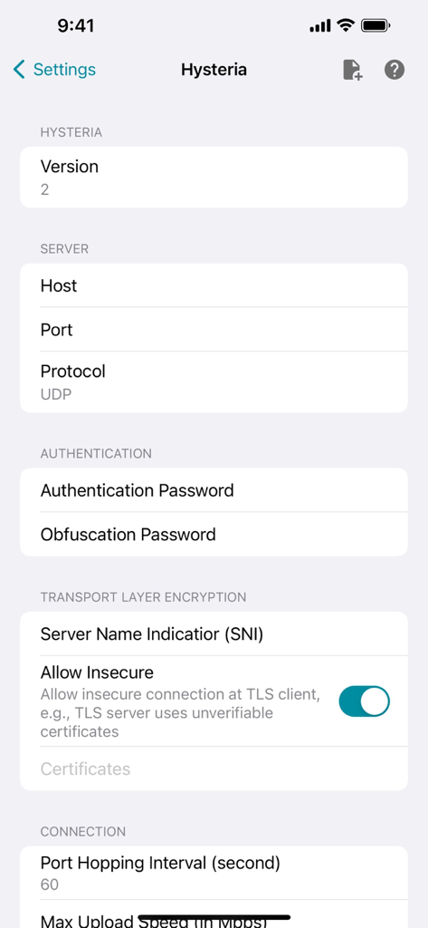 HTTP Injector - Hysteria protocol configuration settings screen in HTTP Injector app showing server, authentication, and transport layer encryption options.