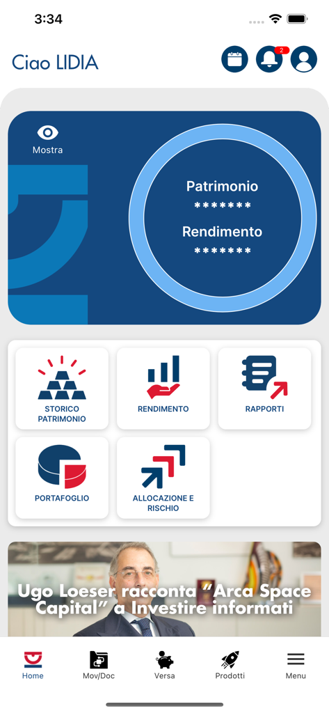Tableau de bord de l'application Arca Fondi affichant les performances d'investissement et les détails du portefeuille
