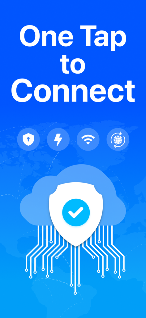 Pantalla de la aplicación VPN Proxy Master que muestra la función Un Toque para Conectar con un escudo de seguridad y un icono de nube
