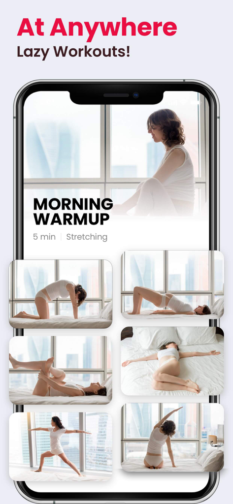 Morning warmup and stretching exercises for women shown on a mobile app interface.